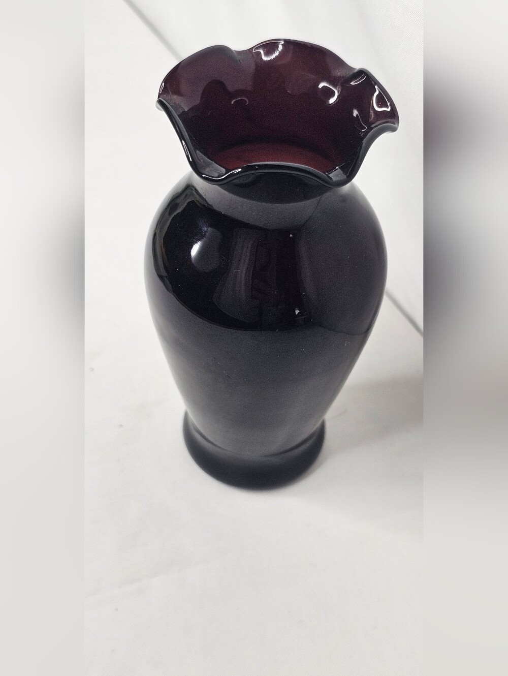Vintage Black Amethyst Glass Ruffled Vase | 5.5" Dark Purple Crimped Rim Urn - Picture 4 of 7